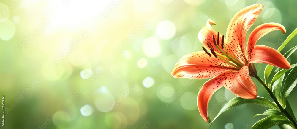 Poster exotic tiger lily bud on a soft green background with bokeh effects and ample space for overlay text