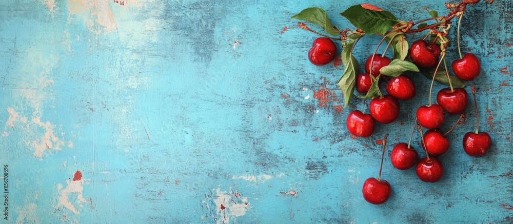 Poster vibrant ripe cherries hanging on branch against a rustic blue background with ample space for custom
