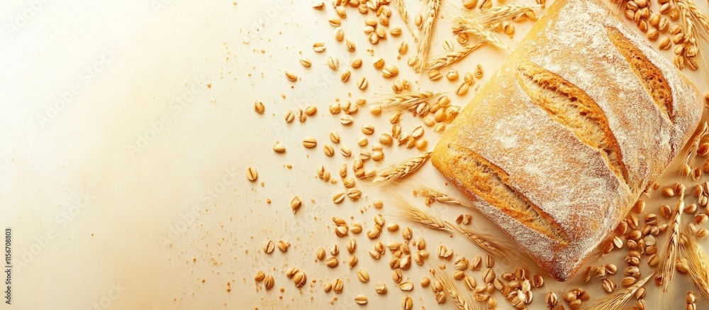 Poster variety of fresh bread with wheat grains on a light background featuring ample space for customized 