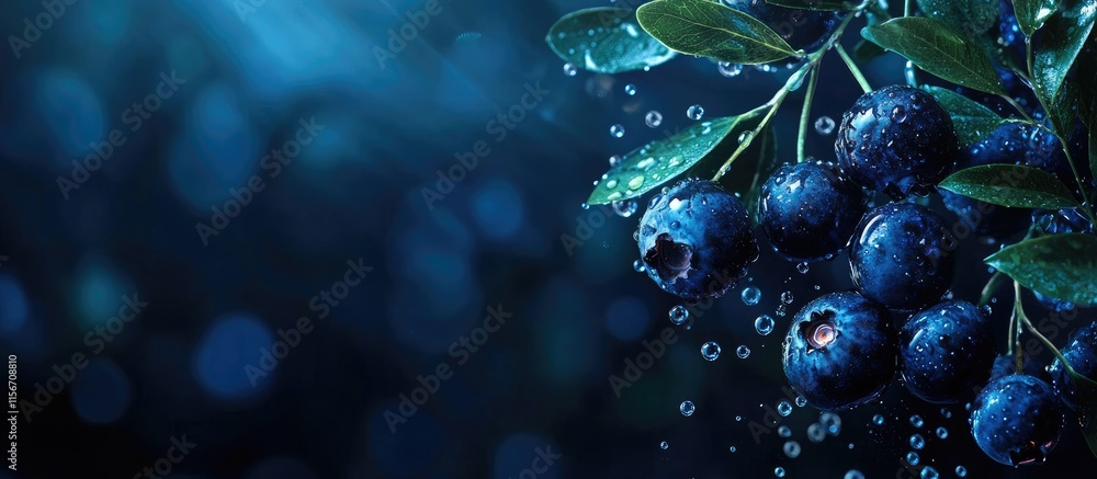 Poster fresh blueberries with dew drops glistening on dark background creating a vibrant texture with space