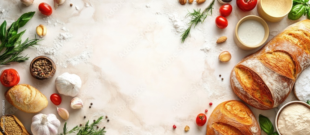 Poster rustic kitchen scene with fresh bread and assorted cooking ingredients on a marble countertop with e
