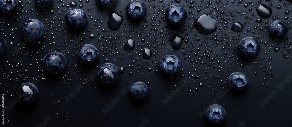 Aufkleber fresh blueberries glistening with water droplets on a dark background with ample negative space for 
