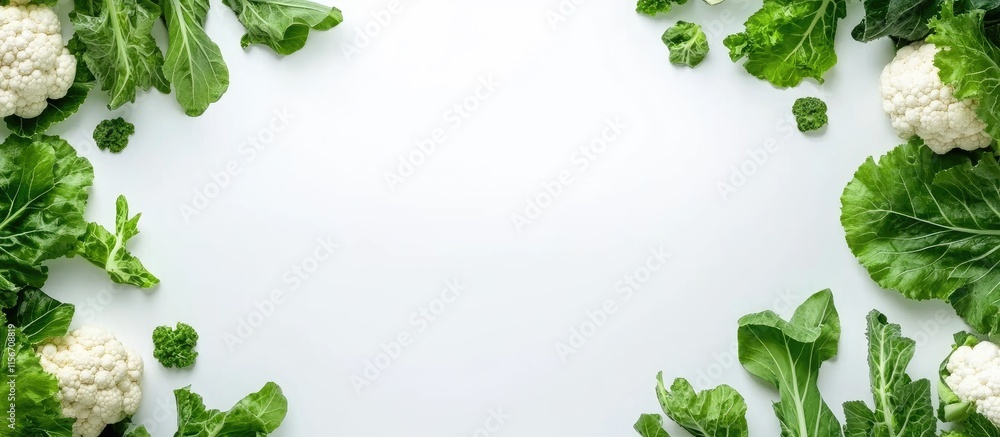 Aufkleber cauliflower and leafy greens arranged on a white background with ample space for text and creative d