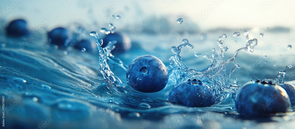 Aufkleber blueberries splashing in ocean water with aqua background creating dynamic motion and energy suitabl