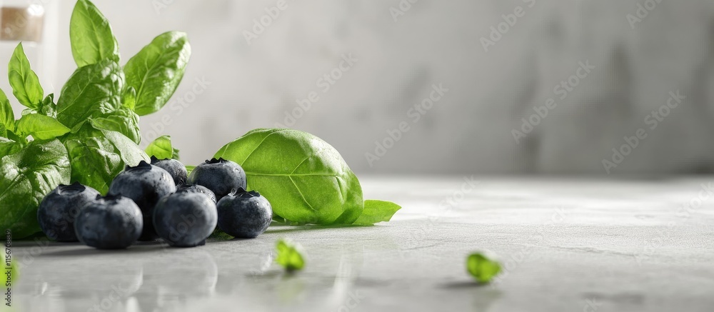 Poster blueberries and fresh basil leaves on a kitchen countertop with ample empty space for text and desig