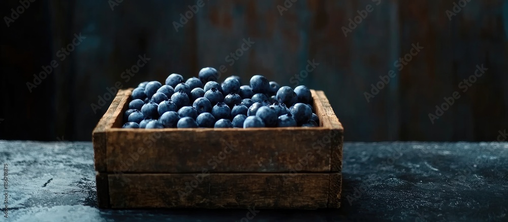 Poster fresh blueberries in a wooden crate on a dark surface with negative space for adding text or marketi