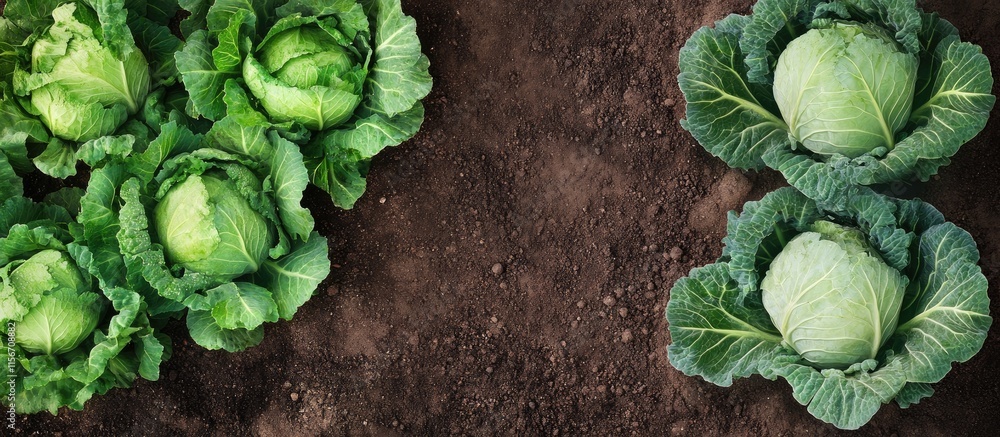 Poster fresh green cabbages in garden bed from above with soil background and space for text and design ele