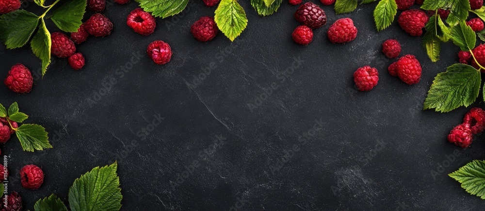 Aufkleber vibrant raspberry berries surrounded by green leaves on dark stone background with blank space for c