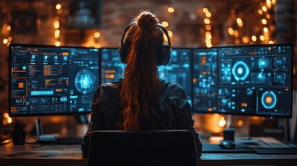 A person with headphones sits in front of multiple screens displaying data and graphics.