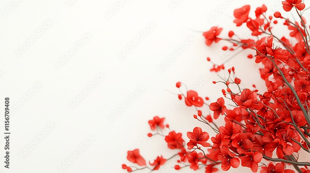 Poster elegant composition with lucky oriental knots and delicate pink cherry blossoms on a clean white bac