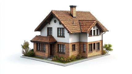 A charming, two-story house with a tiled roof and landscaped surroundings.