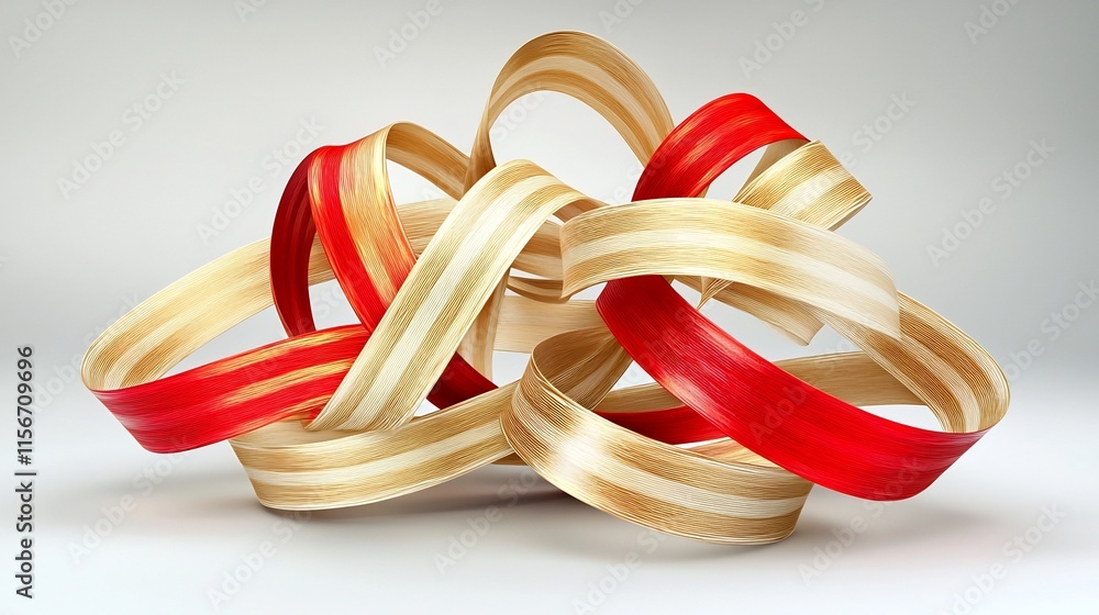 Poster elegant red and gold ribbon swirls forming a dynamic festive 3d composition with a central text plac