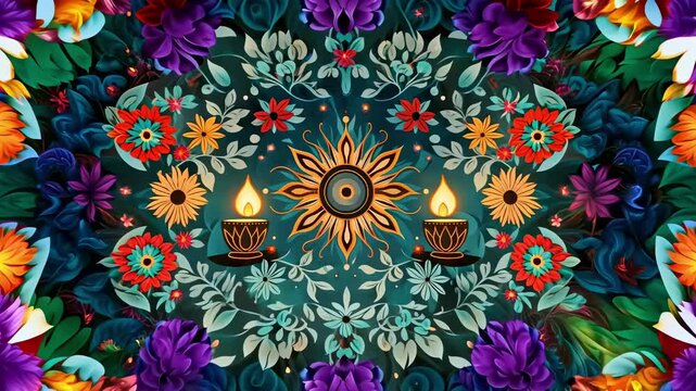 Lit oil lamps diyas among intricate floral rangoli design with flowers, traditional Indian patterns. Sinhalese New Year