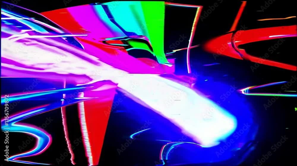 Poster colorful glitchy neon patterns reflecting on a black surface in an abstract style