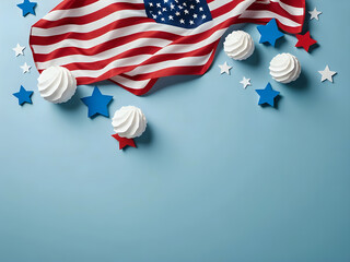 American flag on a blue background with decorations. 300dpi, empty space for text and design. President's Day Concept