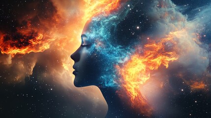 Cosmic Woman: A fiery and ethereal portrait of a woman enveloped in the vastness of space, showcasing the harmony between fire and ice, stars and nebulae.