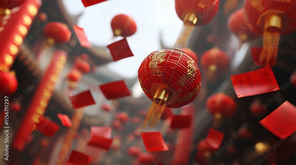 Poster vibrant floating lanterns and red envelopes create a serene and festive atmosphere in this smooth cl