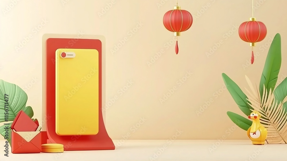 Poster vibrant 3d showcasing elegant floating lanterns and auspicious red envelopes creating a serene and c