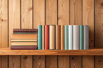 Naklejka premium Books on a wooden shelf. On a wooden background.