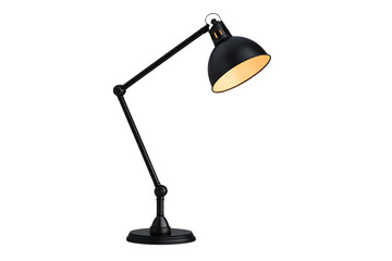 A sleek black desk lamp with an adjustable arm and a warm glowing shade, perfect for focused lighting in workspaces.