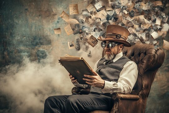 Steampunk Gentleman Reading Antique Book