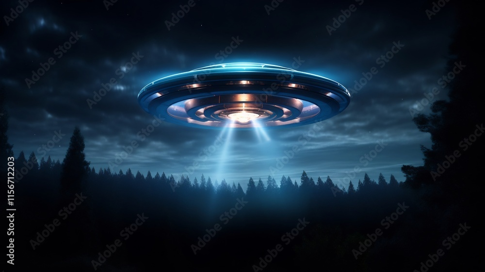 Poster mesmerizing close up view of a mysterious unidentified flying object emitting a pulsating blue light