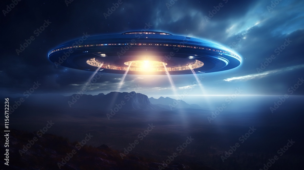 Poster pulsating blue light emitted from a mysterious unidentified flying object hovering in the night sky 