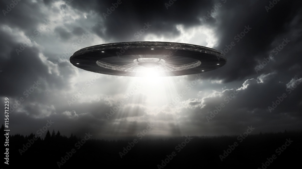 Poster a mysterious ufo silhouette dramatically emerging from a cloud filled moody sky creating an ethereal
