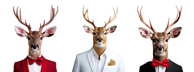 Three deer in formal suits with bow ties on white background