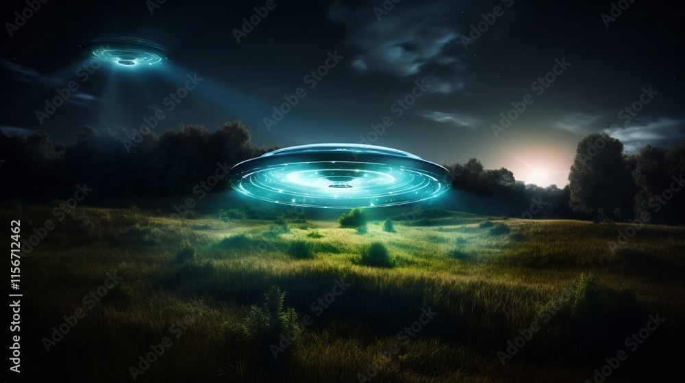 Poster mysterious alien spacecraft hovering and landing in a remote grassy field with glowing symbols illum