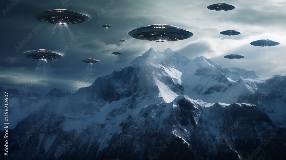 Poster mysterious fleet of advanced alien spaceships flying in a precise formation over a serene snow cover
