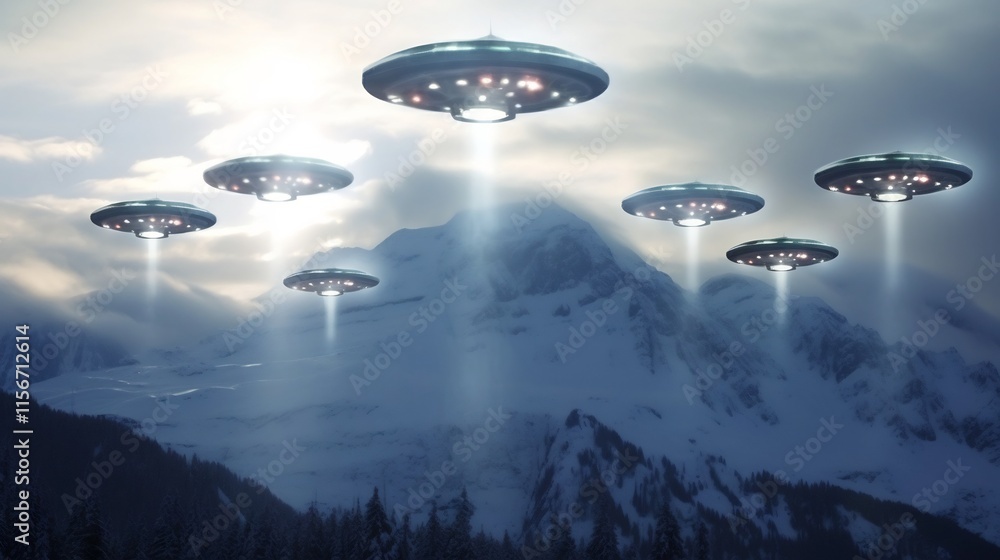Poster a fleet of mysterious unidentified flying objects soaring in perfect formation over a serene snow co