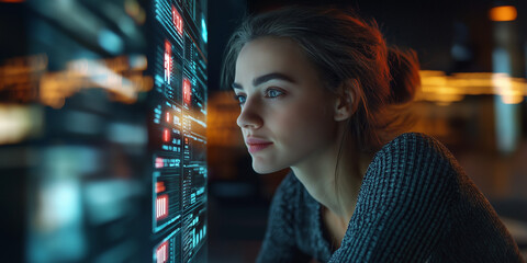 Analyzing data trends modern office digital workspace urban setting close-up innovation in technology