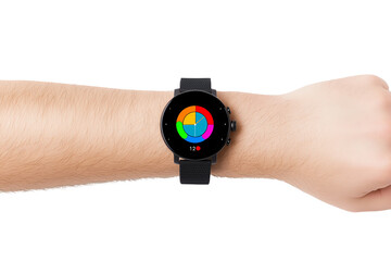 A modern smartwatch displaying a colorful circular interface on a wrist, showcasing various vibrant colors and a digital readout.