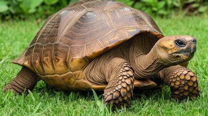 Obraz premium Large tortoise on green grass.