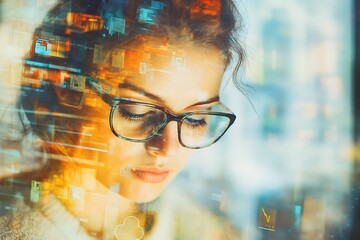 Woman with glasses, digital overlay.  Concept of Technology, innovation, future.