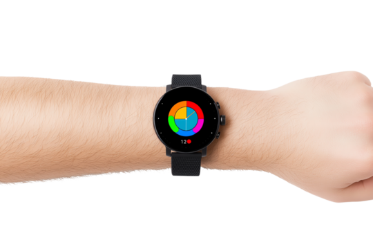A modern smartwatch displaying a colorful circular interface on a wrist, showcasing various vibrant colors and a digital readout.