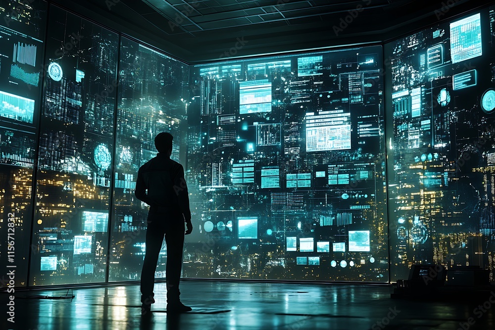 Poster man observing futuristic data visualization screens