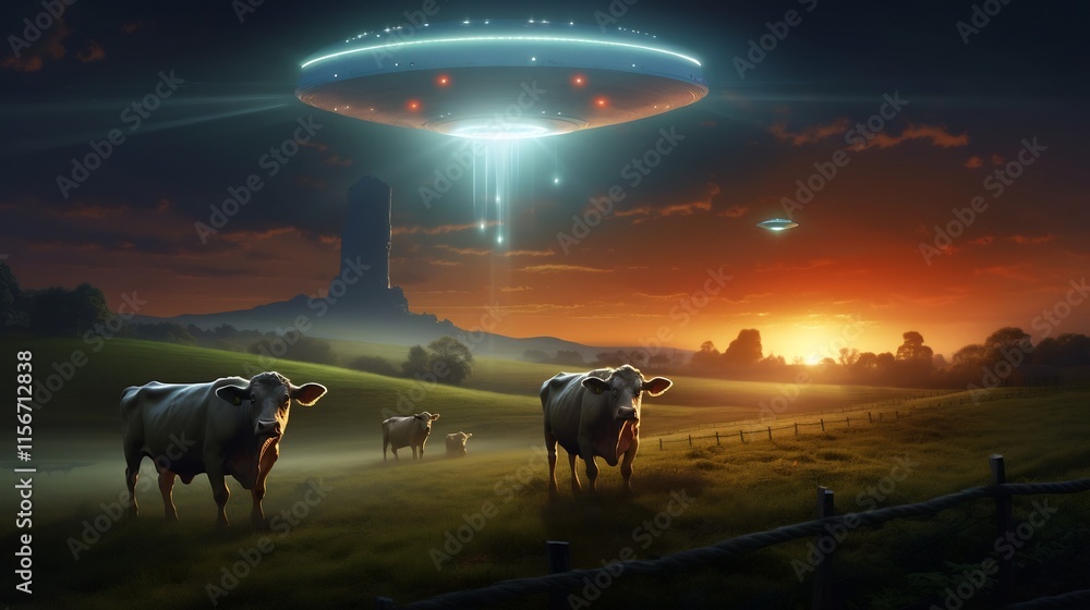 Poster mysterious ufo abducting cows from a remote rural field with a glowing tractor beam levitating the a