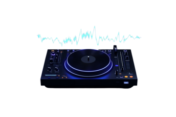 A modern DJ turntable with vibrant lighting, featuring a vinyl platter and sound controls, complemented by a visual sound wave.