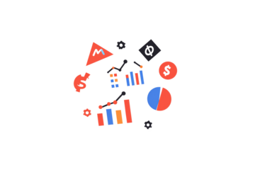 A collection of colorful financial and analytical icons, including graphs, dollar signs, and pie charts.