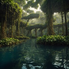 "A jungle with gravity-defying vines, where birds hop between floating islands."