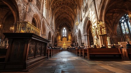 Obraz premium Stunning view inside a magnificent cathedral with tall arches and warm light streaming through stained glass windows.