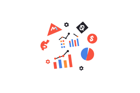A collection of colorful financial and analytical icons, including graphs, dollar signs, and pie charts.