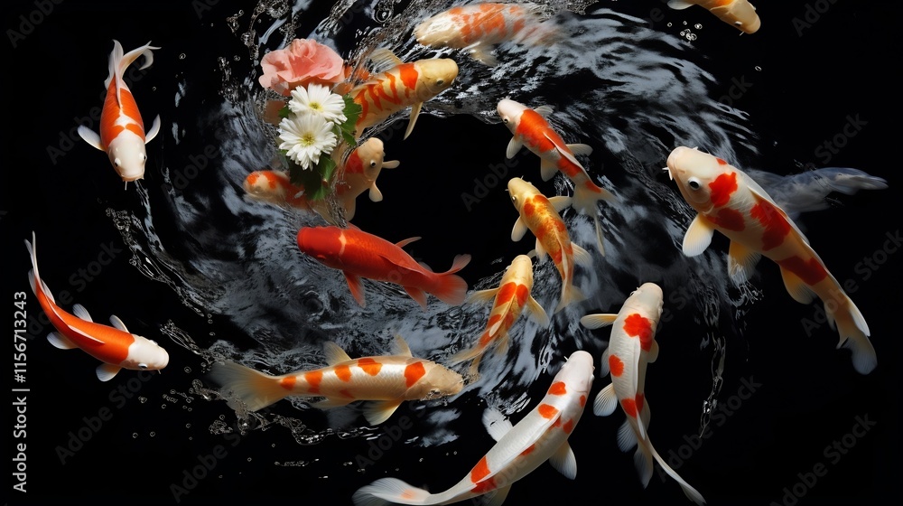 Poster mesmerizing circular movement of koi fish swimming in a serene pond creating a tranquil whirlpool ef