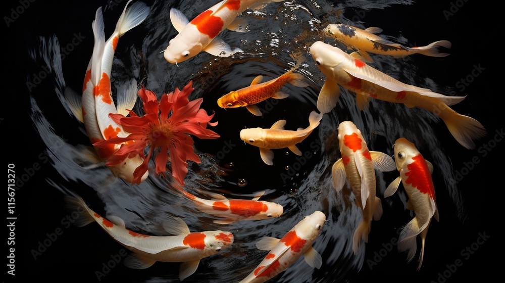 Poster captivating image of koi fish swimming in a mesmerizing circular pattern creating a whirlpool effect