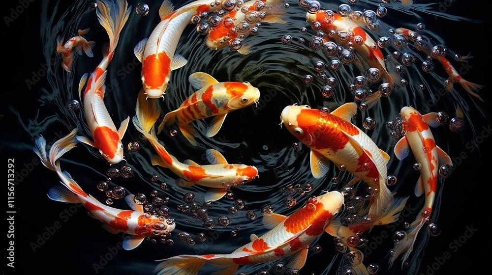 Poster koi fish swimming in a circular pattern creating a mesmerizing whirlpool effect in a serene and tran