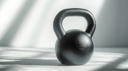 Fototapeta premium Sleek black kettlebell rests on bright surface, casting intrigui