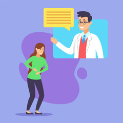 Woman suffering from stomach ache  and asking online doctor for help vector illustration. Sad girl using telemedicine app. Modern technology in medicine concept