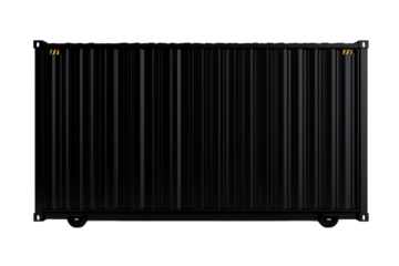 A black shipping container with distinct horizontal ridges and metallic accents, conveying a sense of strength and utility.